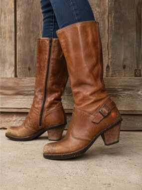 ART Cognac Brown Leather Knee High Heeled Boots Size 37 Moto Western Boho